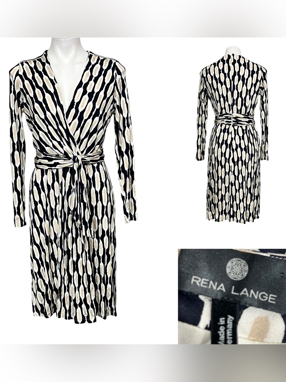 Rena Lange dress sz 10 Black/Tan Faux Wrap knee length office church fall